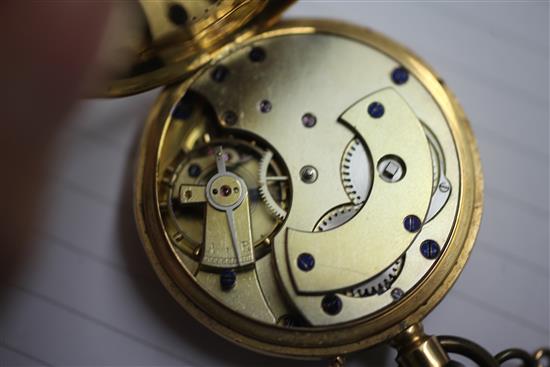 A Victorian gold keyless lever pocket watch and a 9ct gold albert,